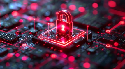 Secure digital data concept with glowing red padlock on futuristic circuit board