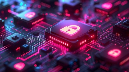 Secure digital network with glowing padlock symbol on circuit board, cybersecurity concept