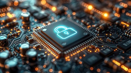 Glowing digital padlock icon on a futuristic circuit board symbolizes cybersecurity and data protection