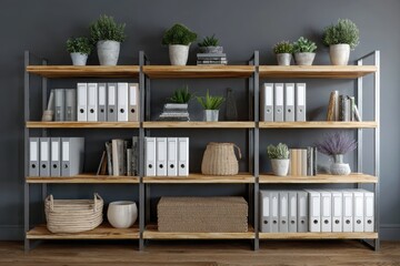 Obraz premium Modern industrial shelving unit filled with binders books plants and decorative baskets against a dark gray wall