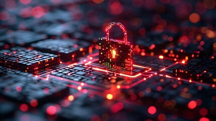 Futuristic digital padlock glows red on circuit board, symbolizing cybersecurity and data protection