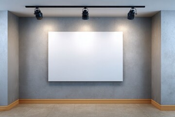 Modern art gallery interior with a blank white canvas illuminated by track lighting on a textured gray wall