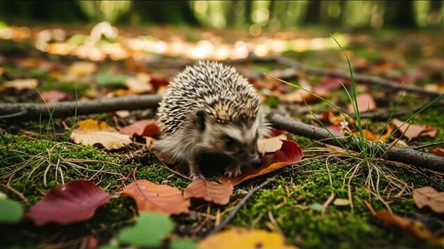 A hedgehog stands on moss and fallen leaves in a forest setting