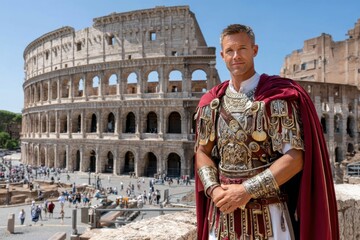 Roman warrior in historical attire at the Colosseum on a sunny day in Rome, Italy