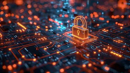 Secure digital network with glowing padlock icon on circuit board, representing cybersecurity protection