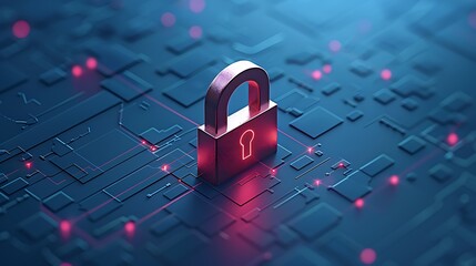 Futuristic digital padlock glows red on circuit board, symbolizing cybersecurity and data protection