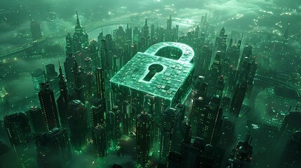 Glowing digital padlock protects futuristic city skyline, symbolizing cybersecurity and data protection
