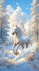 Obraz premium Majestic White Horse Galloping Through Snowy Winter Forest Landscape
