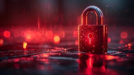Digital security concept glowing red padlock with water droplets in dark, rainy atmosphere