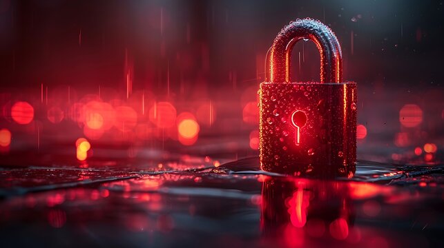 Digital security concept glowing red padlock with water droplets in dark, rainy atmosphere
