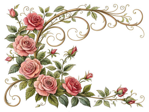 Pink roses and golden vine border green leaves floral border