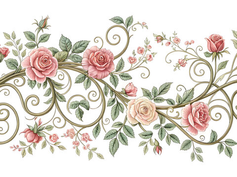 Pink roses and green leaves vine border floral border ornamental