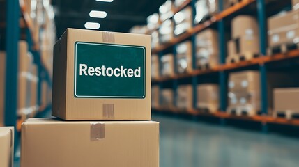 A warehouse scene featuring stacked boxes with a prominent "Restocked" sign, indicating inventory replenishment.