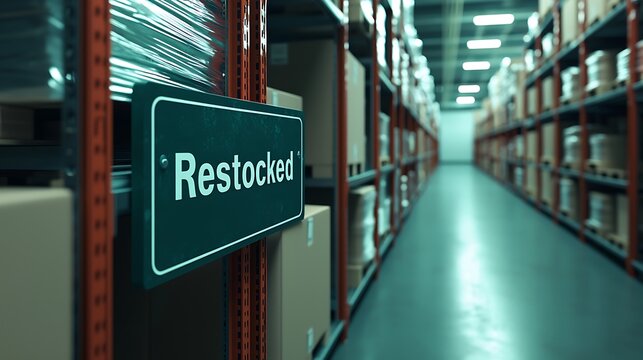 A warehouse aisle featuring a sign that reads "Restocked," surrounded by neatly organized boxes on shelves.