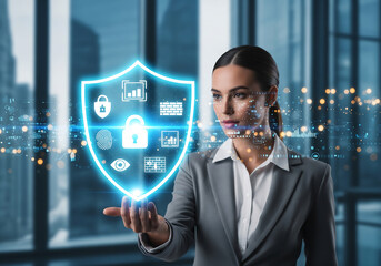 Futuristic concept of a professional woman managing digital security with a holographic interface