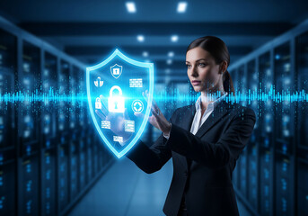 Cyber security expert managing network protection with a virtual shield interface against digital threats