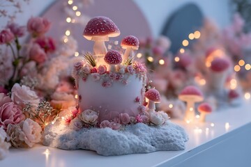 A fairy-tale themed birthday setup featuring a whimsical cake adorned with edible glitter and surrounded by tiny fairy lights and flowers