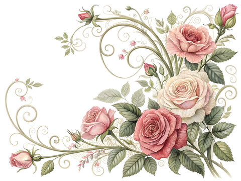 Vintage botanical border with roses and curling vines pink roses cream roses