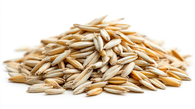 Close-up of a pile of raw organic oat seeds, natural grains on a clean white background