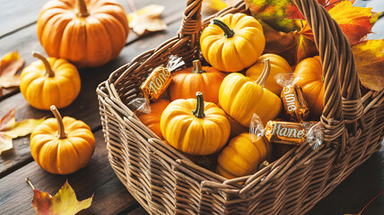 Abundant autumn harvest basket overflowing with miniature pumpkins and gourds