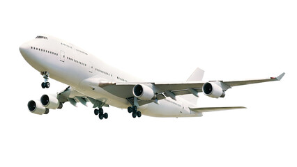 White commercial passenger jet plane double decker Boeing 747 with four jet engines and visible landing gear captured from a corner front low angle view isolated on a transparent background