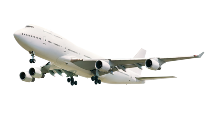 White commercial passenger jet plane double decker Boeing 747 with four jet engines and visible landing gear captured from a corner front low angle view isolated on a transparent background