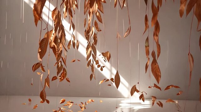 An empty room sunlit with fall willow branches for neomorphic peaceful ambiental smart homes or graphic resources.