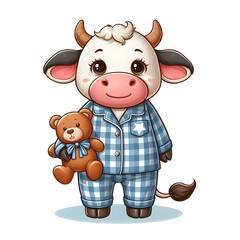 Cute Cartoon Cow in Pajamas Holding Teddy Bear Vector Illustration
