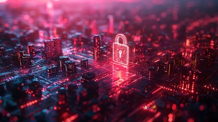 Glowing digital city skyline with iconic padlock symbolizing cybersecurity and data protection