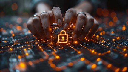 Secure your digital world with glowing lock icon on circuit board, data protection concept