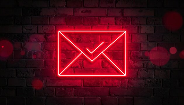 Neon envelope icon on dark brick wall
