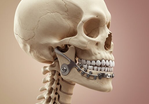 Detailed human skull anatomy showing jaw realignment with surgical hardware providing insights for dental and orthopedic medicine illustrations