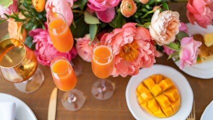 Summertime Delight: A high-angle captures an elegant dining table scene with vibrant flowers, refreshing orange drinks, and tropical mango, inviting viewers to a luxurious leisure time.