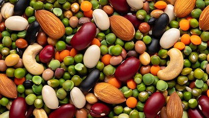 Assortment of Edible Seeds: A vibrant, high-angle shot displays an artful composition of various nutritious edible seeds, evoking a sense of natural abundance and the essence of culinary delight.