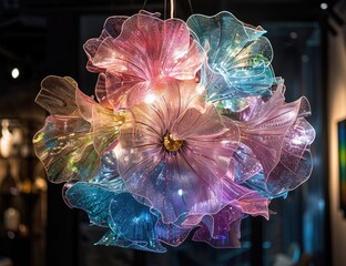 Multi-colored, translucent chandelier with intricate floral design