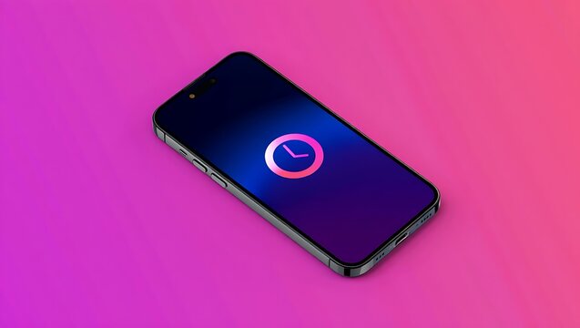 Time on Display: A sleek mobile phone displays a clock icon, symbolizing time, efficiency, and the modern age, placed upon a vibrant gradient background. 