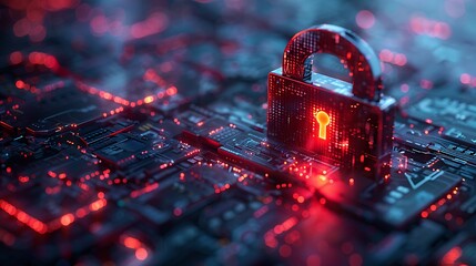 Cybersecurity lock protects digital data on glowing circuit board, offering secure technology solutions