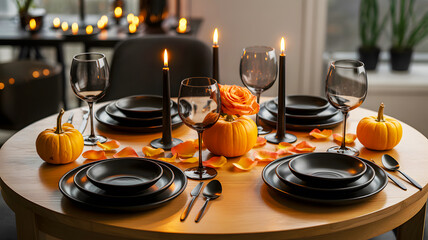 Festive halloween table setting with pumpkins candles and candy corn decorations