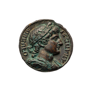 Ancient Roman Bronze Coin of Octavian Augustus, Profile Portrait, Close-up