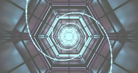 Abstract of a glowing hexagonal tunnel with luminous lines and digital light effects in symmetry - Powered by Adobe