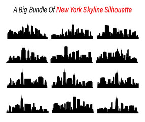 Fototapeta premium Collection of New York City Skyline Designs in Black Silhouette Style on White Background silhouette