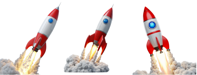 Collection of vintage-style rockets taking off, red and white with a blue port hole, emitting a fiery yellow exhaust and white smoke, isolated on a white background or transparent
