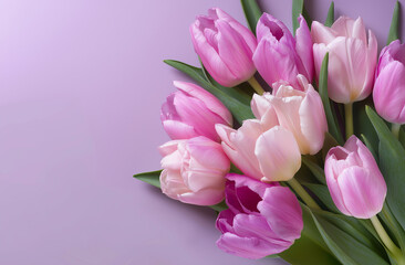 Obraz premium a bouquet of pink tulips on the right side, light green background, flat lay, copy space concept design for a women's
