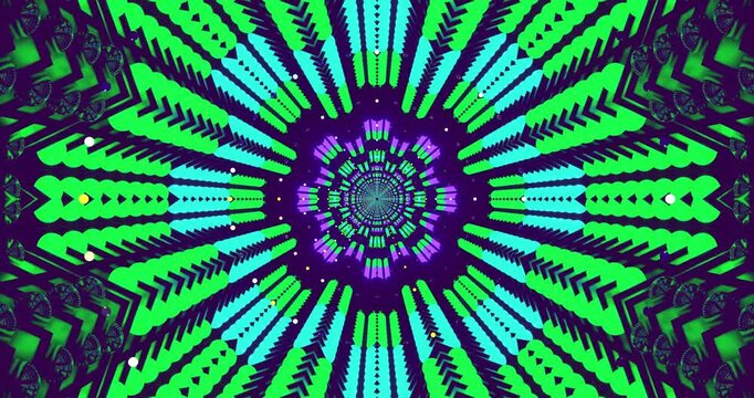 Abstract kaleidoscope with vivid green and purple patterns in a glowing, circular digital formation