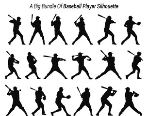 Collection of Baseball Player Silhouettes in Various Poses with Bats and Gloves silhouette This image