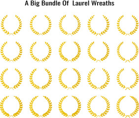 Collection of Golden Laurel Wreaths Arranged in Rows on a White Background 
