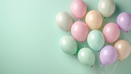 Pastel-colored balloons clustered against a mint green background