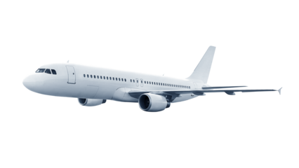 Commercial jet plane with two jet engines, seen in flight from a corner side angle view, isolated on a transparent background for use in educational materials and marketing.
