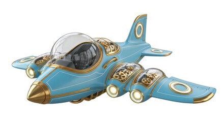 Steampunk Inspired Blue Jet Airplane with Gold Accents