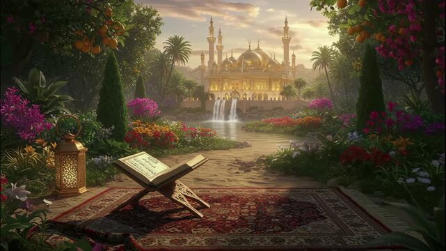 A Serene Islamic Garden Oasis with a Mosque in the Background and a Quran Open on a Rug